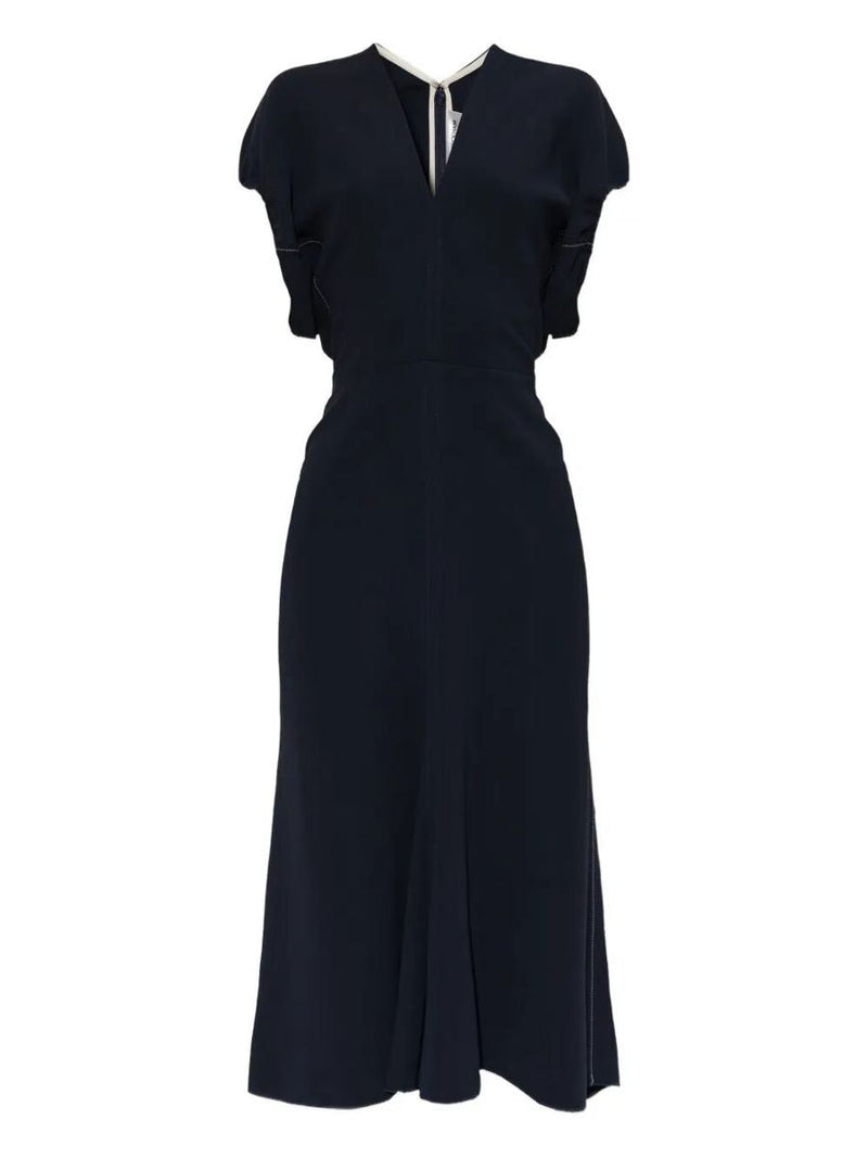 Victoria Beckham Blouson Detail V-Neck Midi Dress Clothing