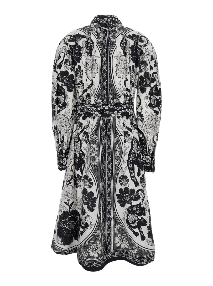 Black And White Long Dress With High Neck And All-Over Floral Print In Cotton Woman