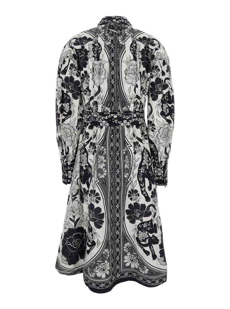 Black And White Long Dress With High Neck And All-Over Floral Print In Cotton Woman