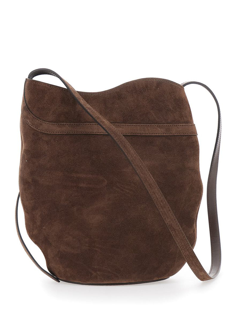 'Belted Bucket' Brown Crossbody Bag With Belt On The Front In Suede Woman