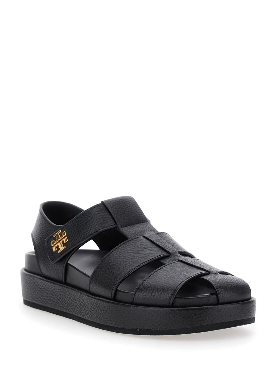 'Kira' Black Sandals With Logo Plaque In Grained Leather Woman