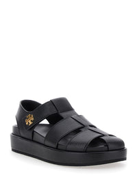 'Kira' Black Sandals With Logo Plaque In Grained Leather Woman