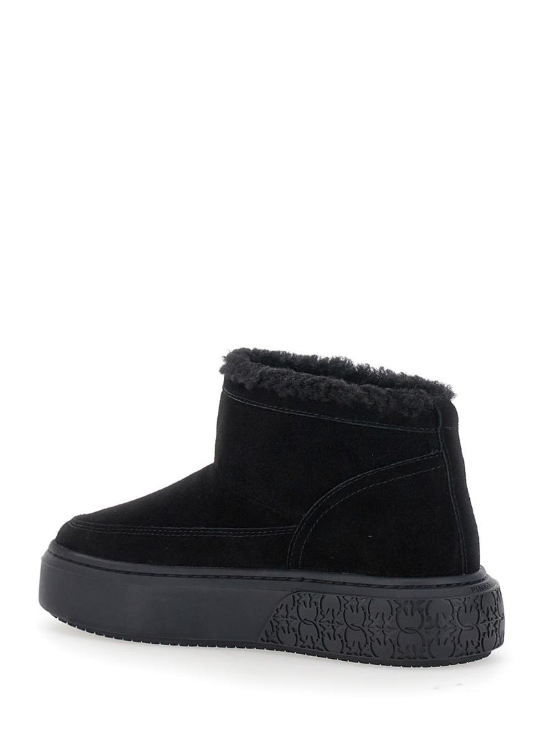 'Yoko' Black Ankle Boots With Love Birds Diamond Cut Patch And Fur Lining In Suede Woman