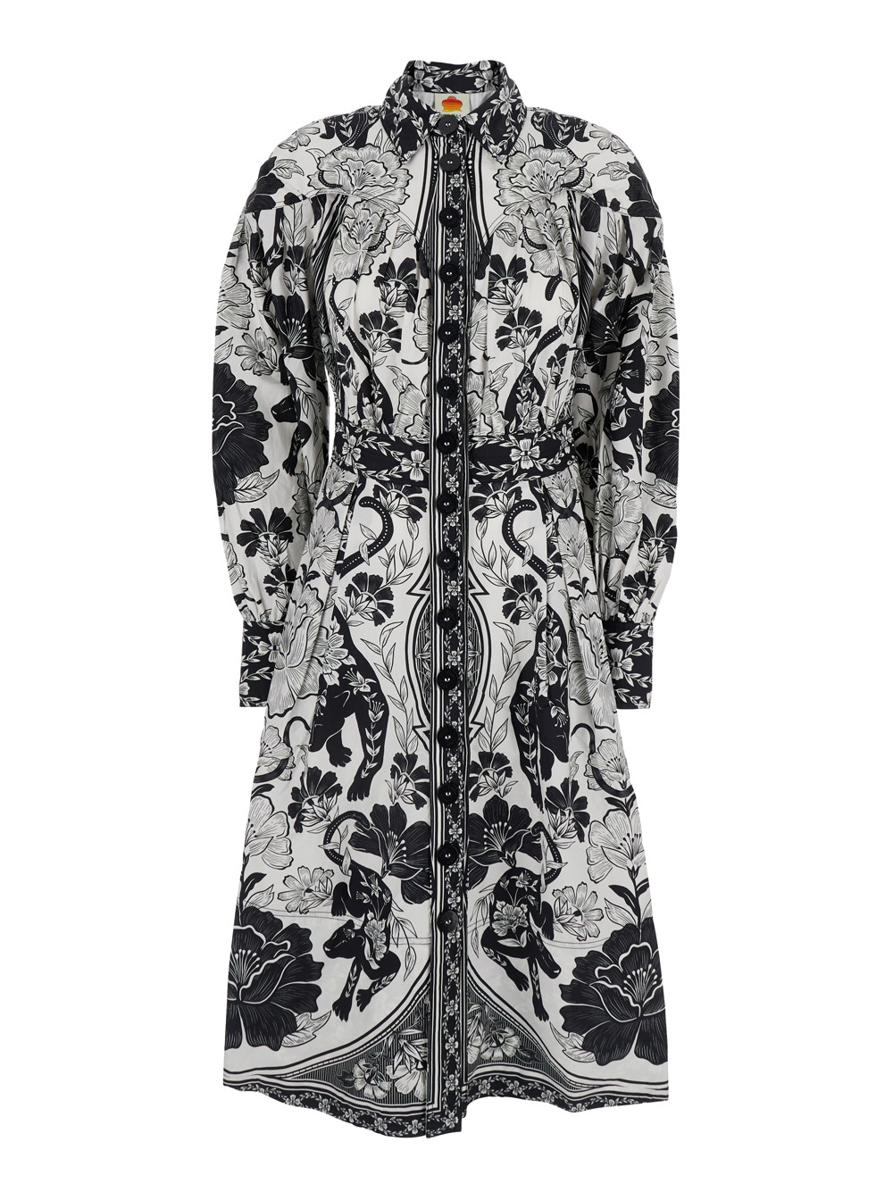 Black And White Long Dress With High Neck And All-Over Floral Print In Cotton Woman