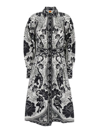 Black And White Long Dress With High Neck And All-Over Floral Print In Cotton Woman