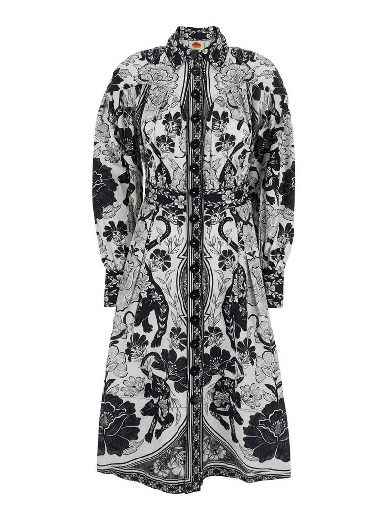 Black And White Long Dress With High Neck And All-Over Floral Print In Cotton Woman