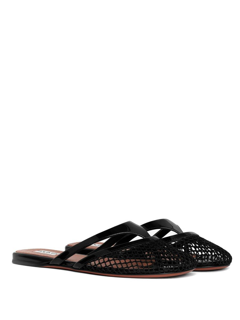 Alaïa Fishnet And Leather Flip Flops Flat Mules Shoes