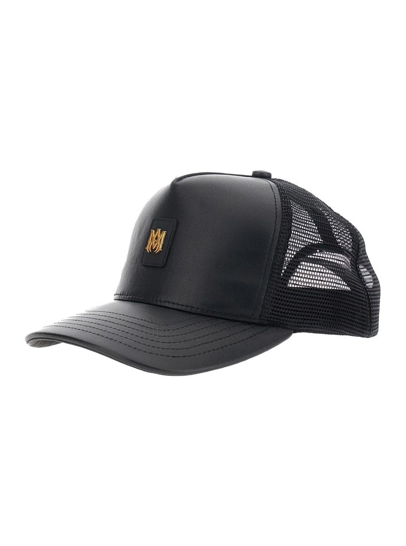 Black Baseball Cap With Mesh Details And Logo Patch On The Front In Leather Man