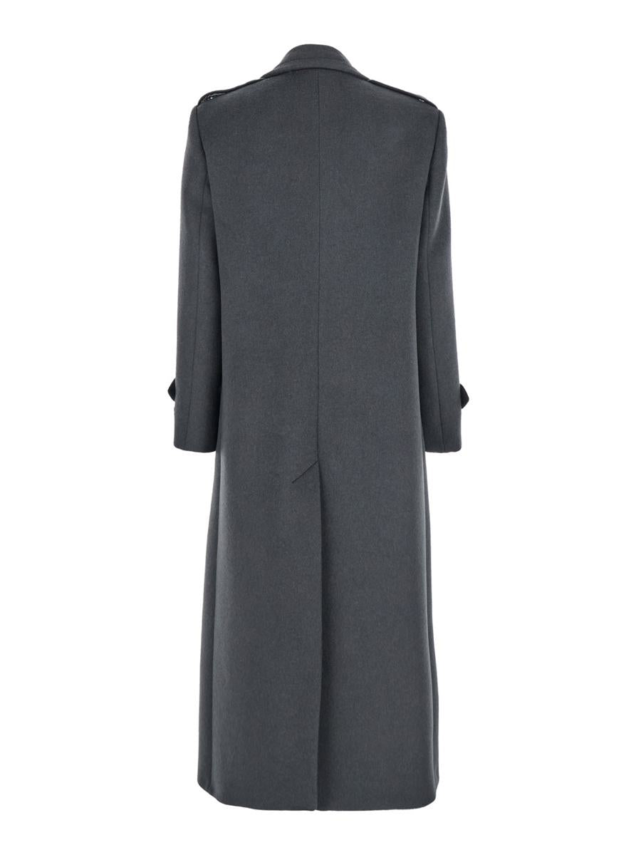 Grey Double-Breasted Coat With Wide Notched Revers In Wool Woman