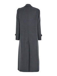 Grey Double-Breasted Coat With Wide Notched Revers In Wool Woman