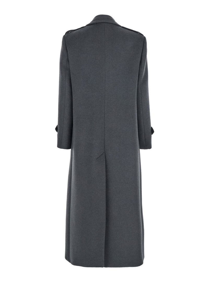 Grey Double-Breasted Coat With Wide Notched Revers In Wool Woman