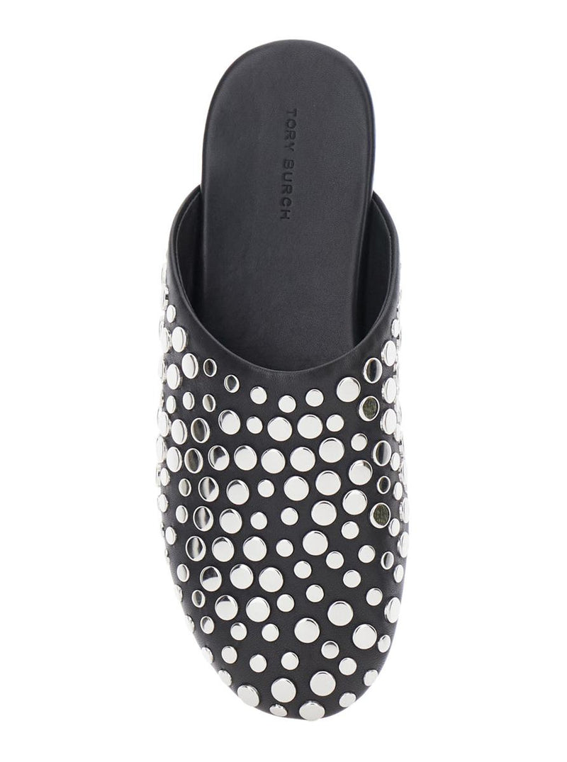 Black Mules With Round Toe And Stud Embellishments In Leather Woman