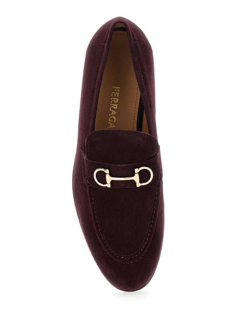 Bordeaux Loafers With Gancini Plaque On The Front And Low Heel In Suede Woman