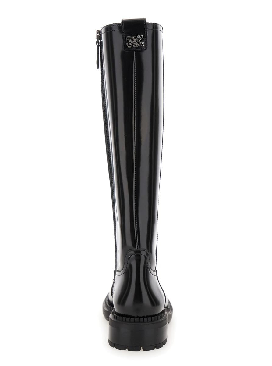 Black Boots With Wide Heel And Zip Closure In Leather Woman