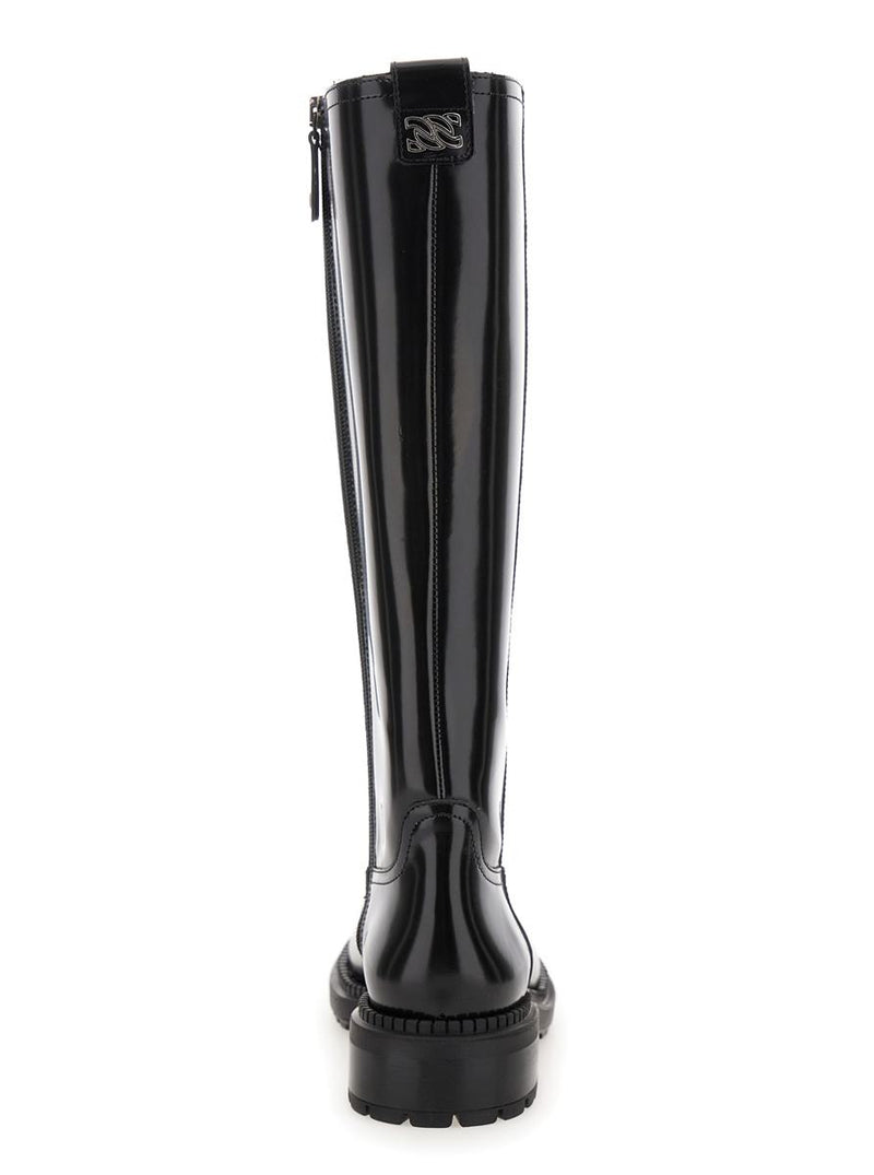 Black Boots With Wide Heel And Zip Closure In Leather Woman