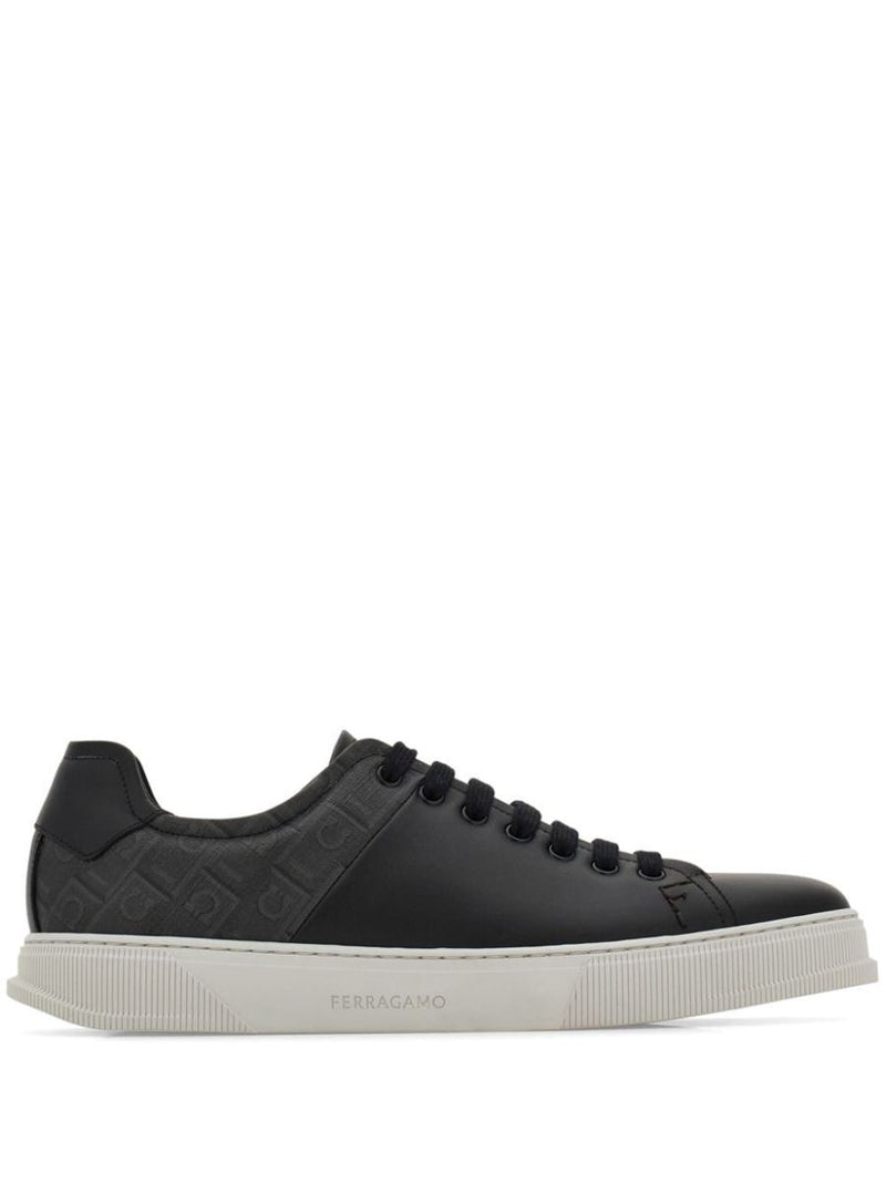 Salvatore Ferragamo Leather And Jacquard Fabric Monogram Clayton Sneakers Shoes