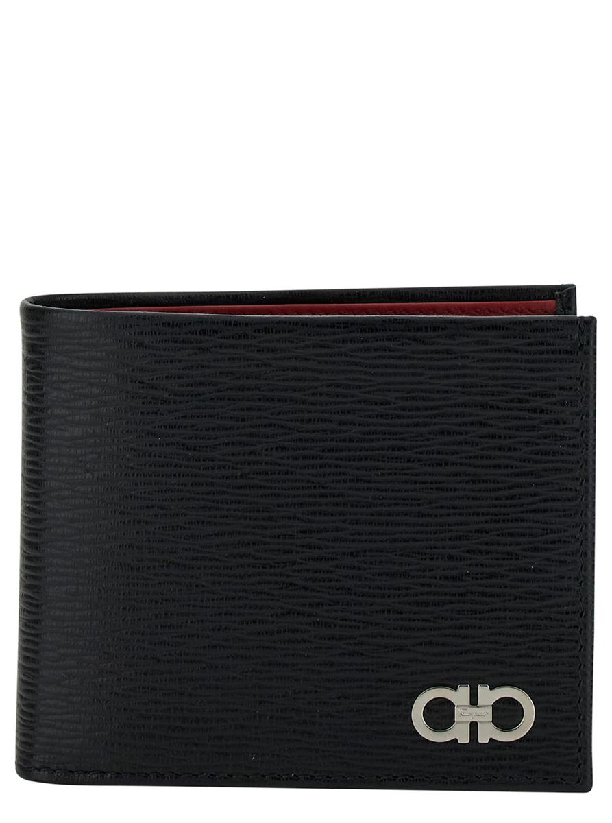 Revival Gancini Black Wallet In Textured Leather Man Salvatore Ferragamo