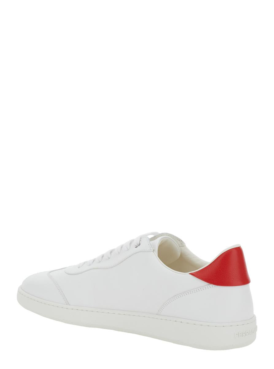 'Achille' White Low Top Sneakers With Red Logo Detail In Leather Man