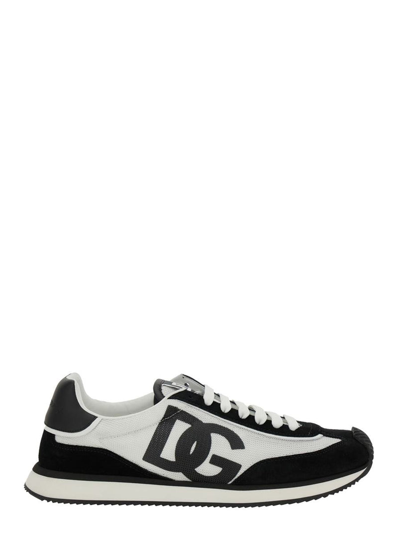 'Aria' White And Black Running Sneakers With Logo Detail In Suede And Tech Fabric Man