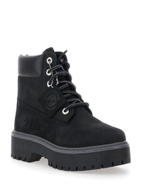 Black Water-Proof Boots With Logo Plate In Leather Woman