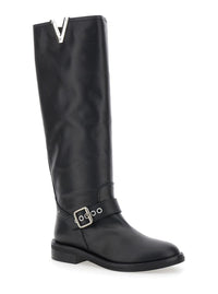Black Knee Boots With V-Lateral Detailing In Leather Woman