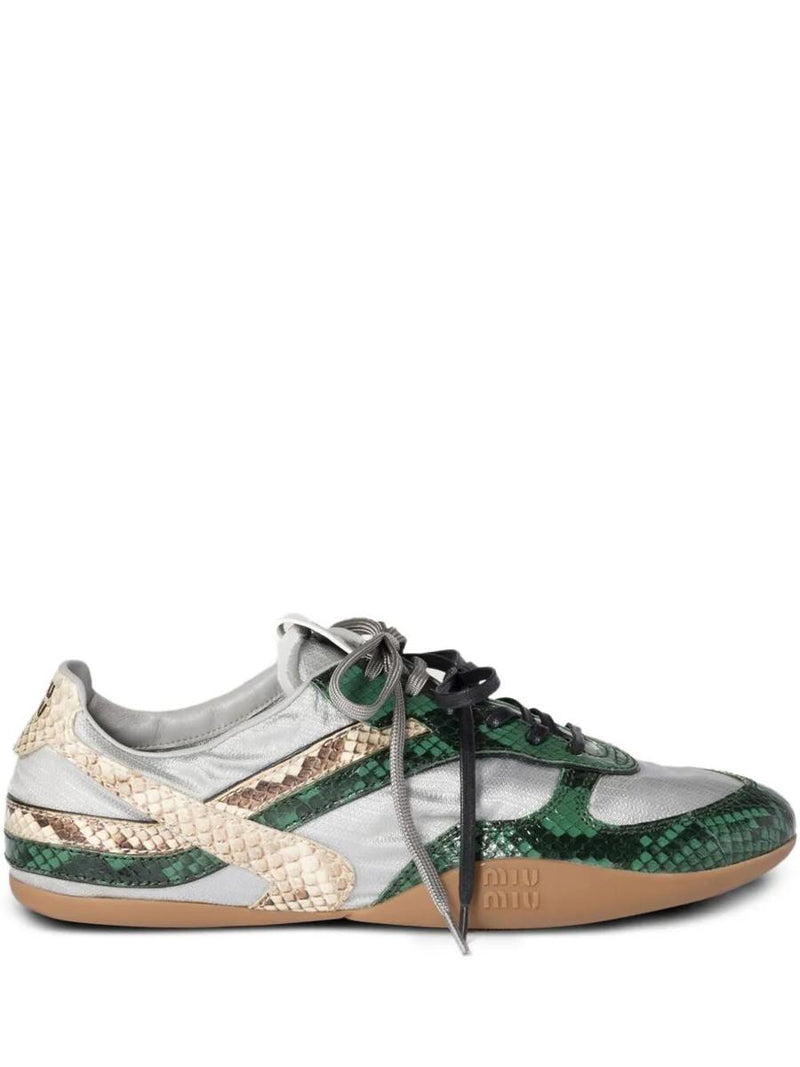 Miu Miu Gymnasium Technical Fabric And Python-Print Ayers Leather Sneakers Shoes