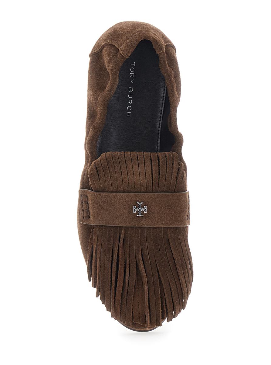 Brown Loafers With Fringe And Metallic Logo In Suede Woman