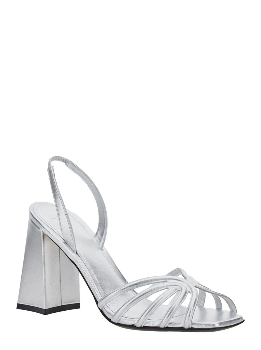 'Tara' Metallic Sandals With Elastic Ankle Strap And Block Heel In Leather Woman