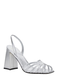 'Tara' Metallic Sandals With Elastic Ankle Strap And Block Heel In Leather Woman