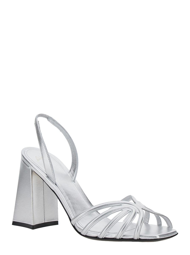 'Tara' Metallic Sandals With Elastic Ankle Strap And Block Heel In Leather Woman