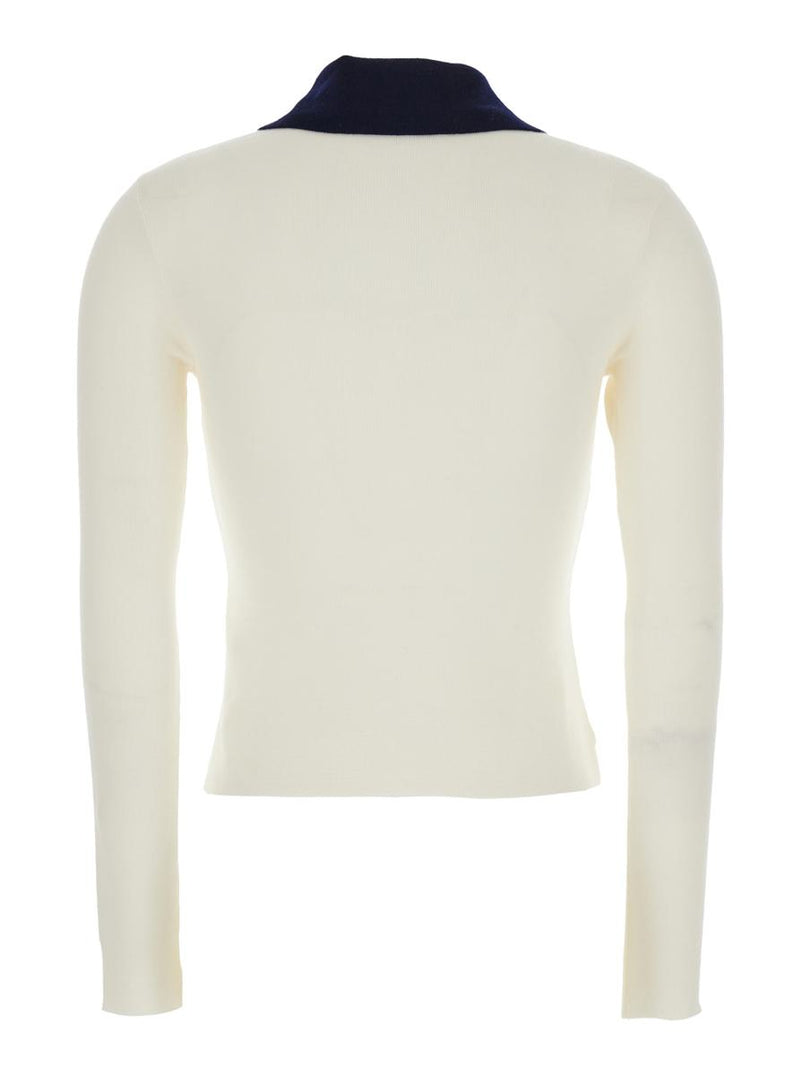 White Cropped Cardigan With Contrasting Collar And Tonal Button Closure In Wool Woman