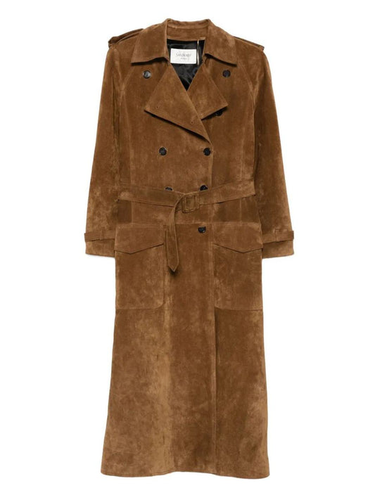 Saint Laurent Long Double-Breasted Suede Trench Coat Clothing