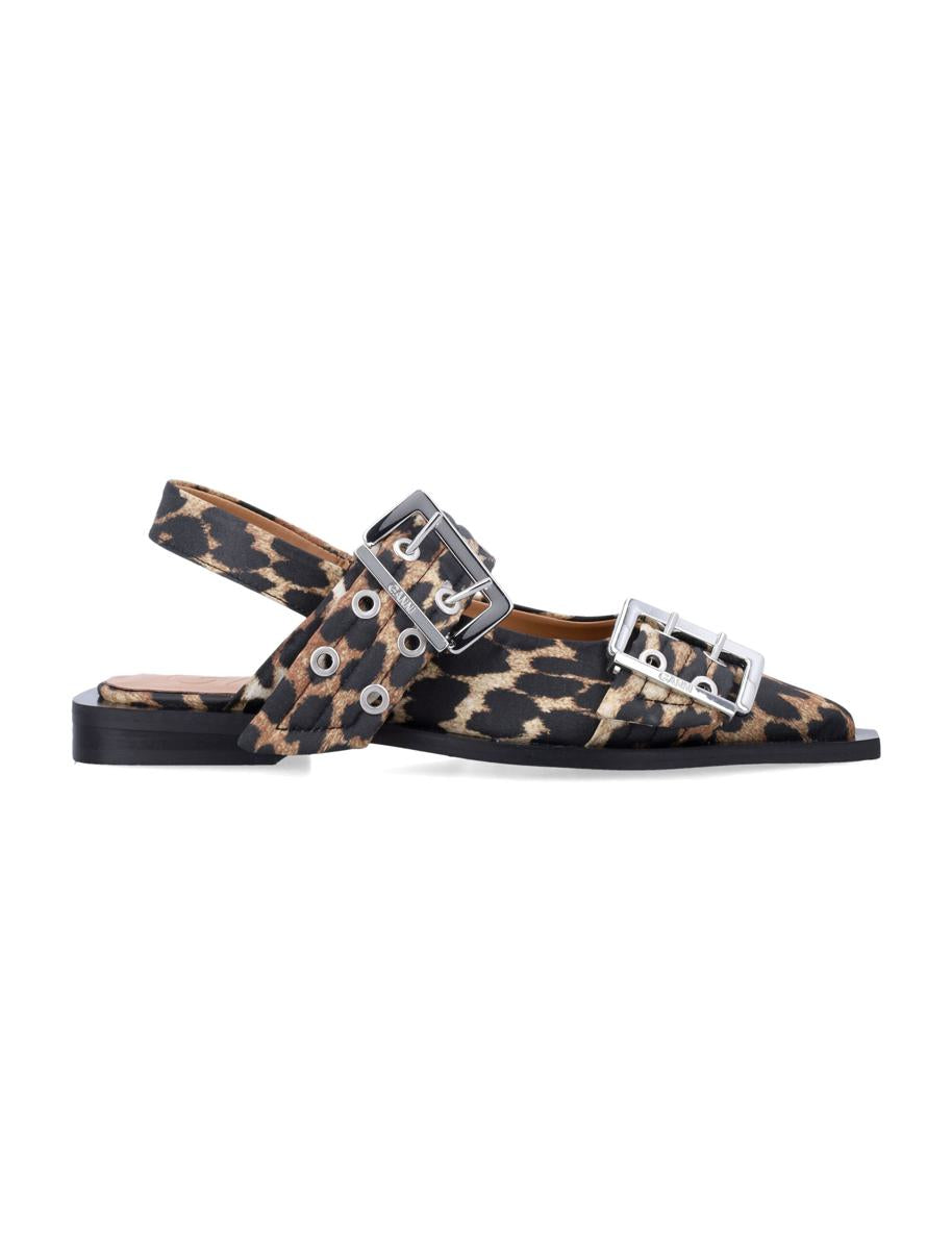 Ganni Leopard Satin Feminine Buckle Ballerinas