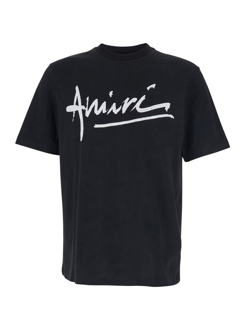 Black Crewneck T-Shirt With Logo Lettering Print On The Front In Cotton Man