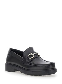 'Duglas' Black Loafers With Gancini Plaque On The Front And Embossed Logo On The Rear In Leather Man