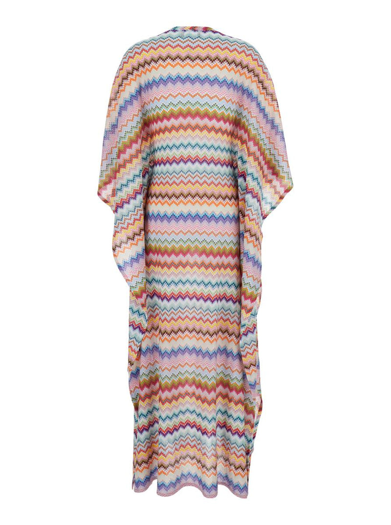 Multicolor Caftan With Wide V-Neck And All-Over Zigzag Pattern In Lamé Viscose Woman