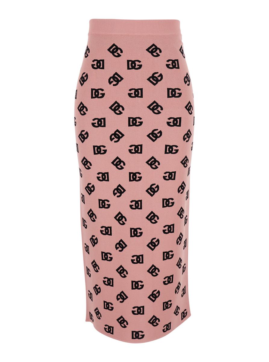 Pink Skirt With Pencil Design And All-Over Printed Dg Logo In Viscose Blend Woman