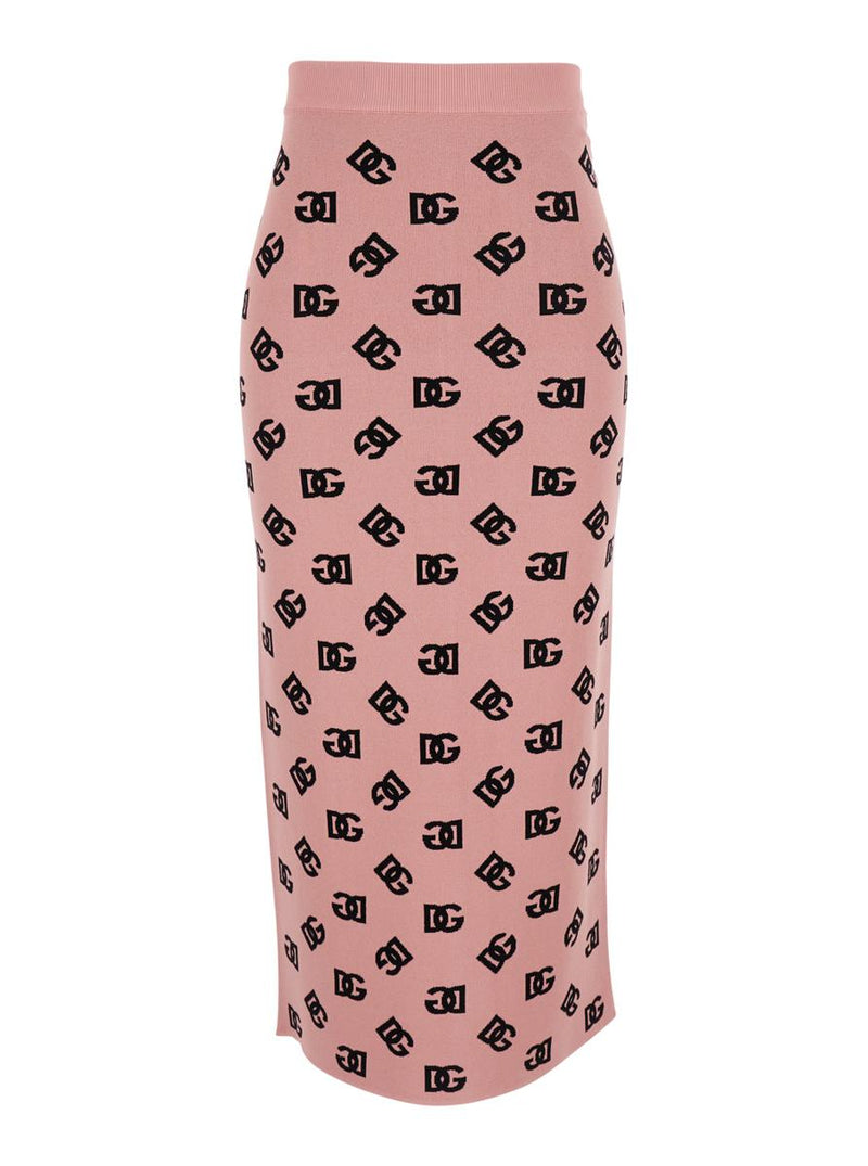 Pink Skirt With Pencil Design And All-Over Printed Dg Logo In Viscose Blend Woman