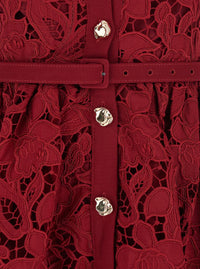 Bordeaux Mini Dress With All-Over Lace Floral Embroidery And Pleated Skirt In Tech Fabric Woman