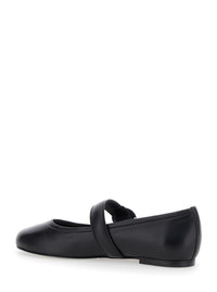 Black Ballerinas With Metallic Logo And Strap In Smooth Leather Woman