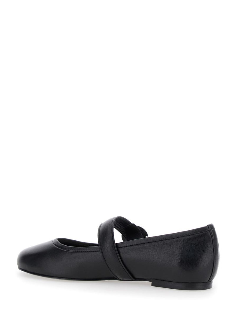 Black Ballerinas With Metallic Logo And Strap In Smooth Leather Woman