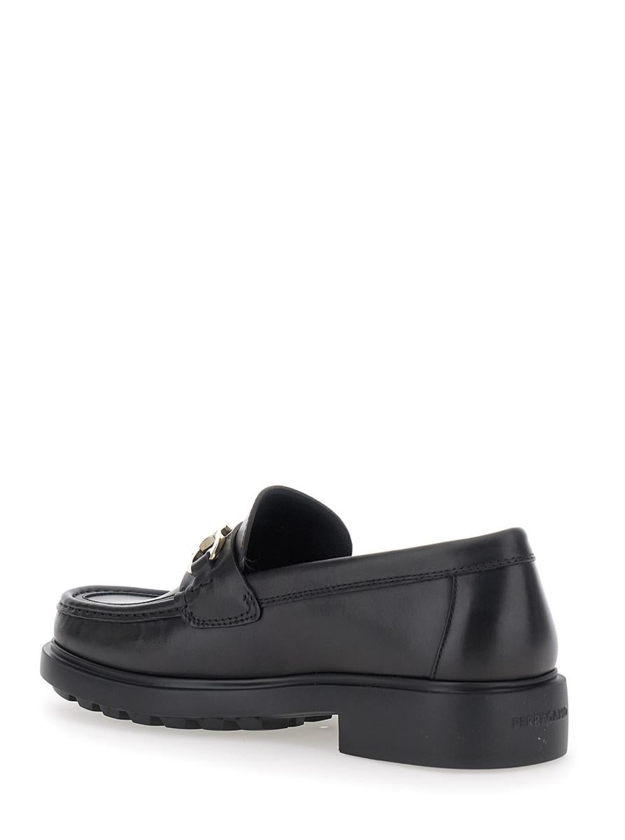 'Duglas' Black Loafers With Gancini Plaque On The Front And Embossed Logo On The Rear In Leather Man