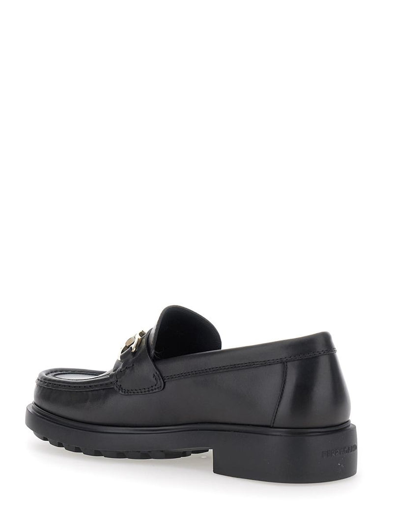 'Duglas' Black Loafers With Gancini Plaque On The Front And Embossed Logo On The Rear In Leather Man