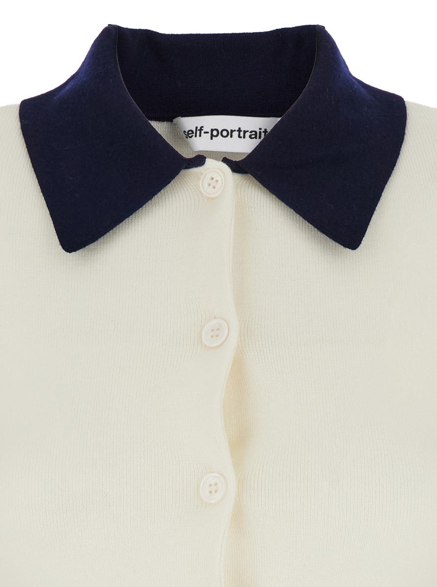 White Cropped Cardigan With Contrasting Collar And Tonal Button Closure In Wool Woman