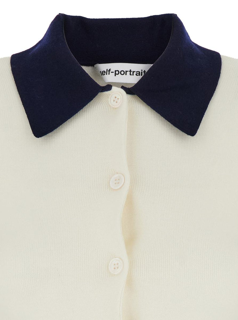 White Cropped Cardigan With Contrasting Collar And Tonal Button Closure In Wool Woman