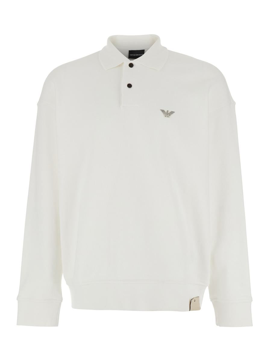 White Sweatshirt With Polo Shirt Style Collar And Logo Embroidery On The Front In Cotton Man