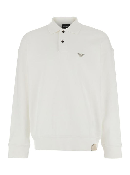 White Sweatshirt With Polo Shirt Style Collar And Logo Embroidery On The Front In Cotton Man
