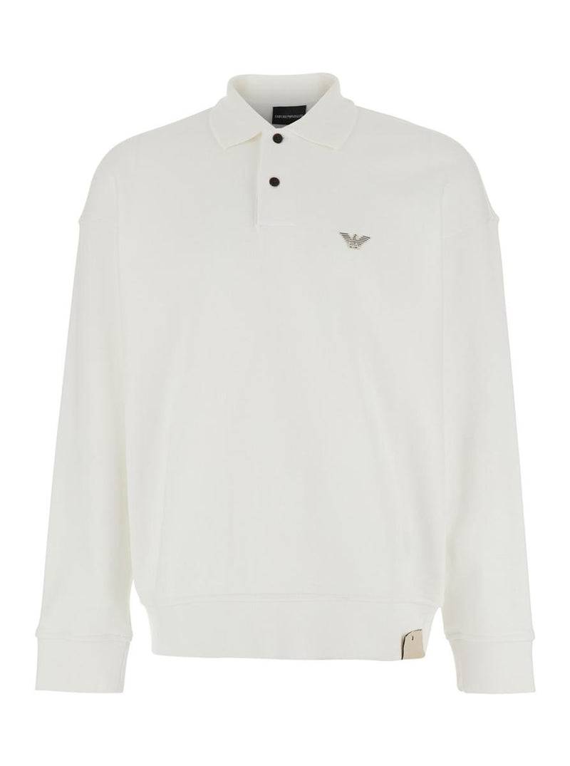 White Sweatshirt With Polo Shirt Style Collar And Logo Embroidery On The Front In Cotton Man