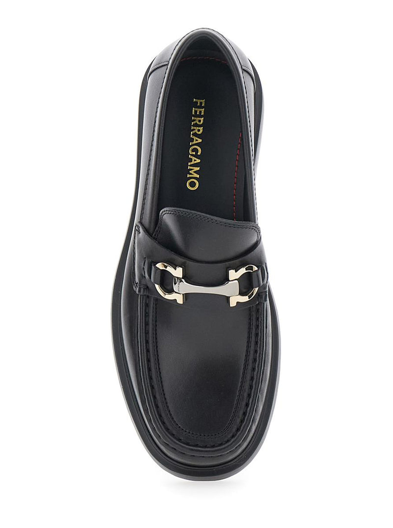 'Duglas' Black Loafers With Gancini Plaque On The Front And Embossed Logo On The Rear In Leather Man