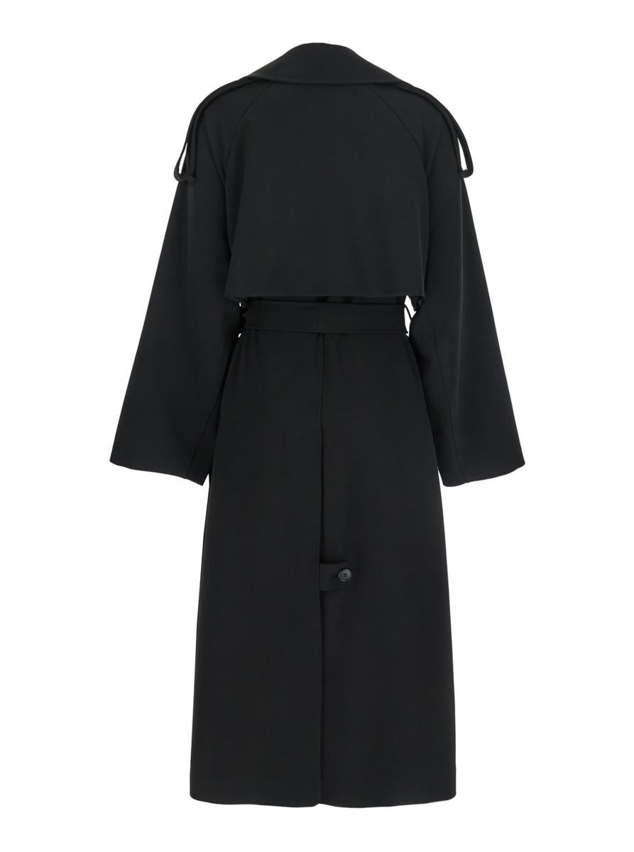 Black Double-Breasted Trench Coat With Matching Belt In Cady Woman